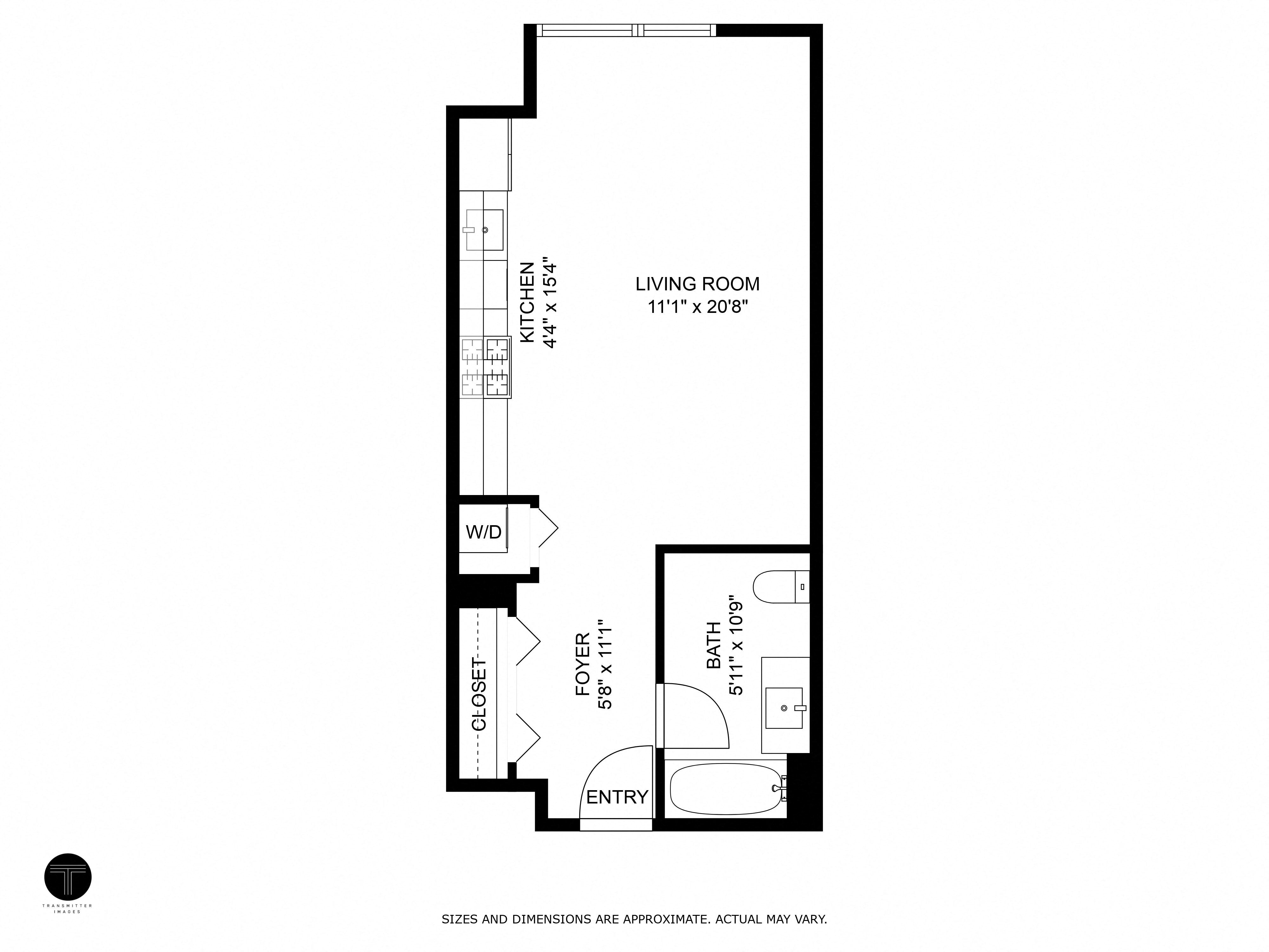 Floor plan for studio, 1 bath, 517 sqft